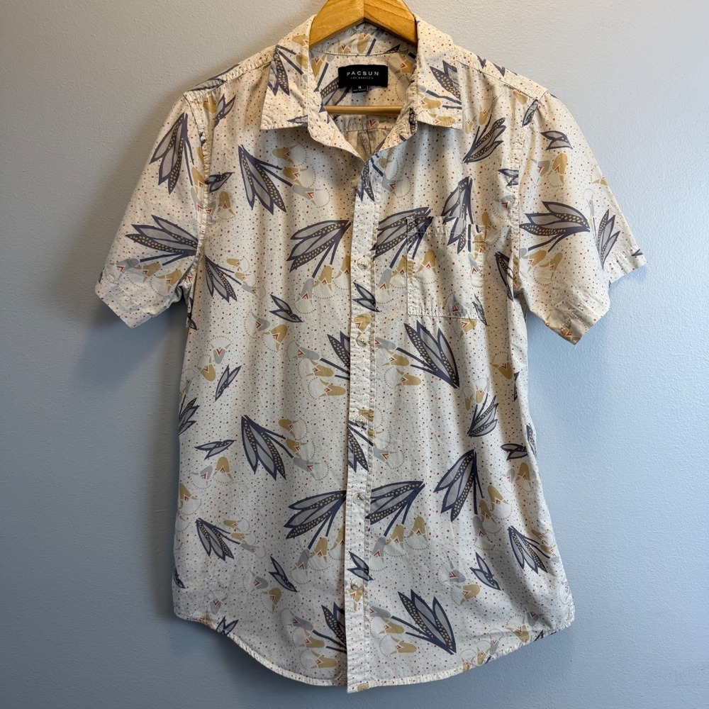 PacSun Mens Abstract Floral Button Up Shirt Short Sleeve Cotton Cream Medium